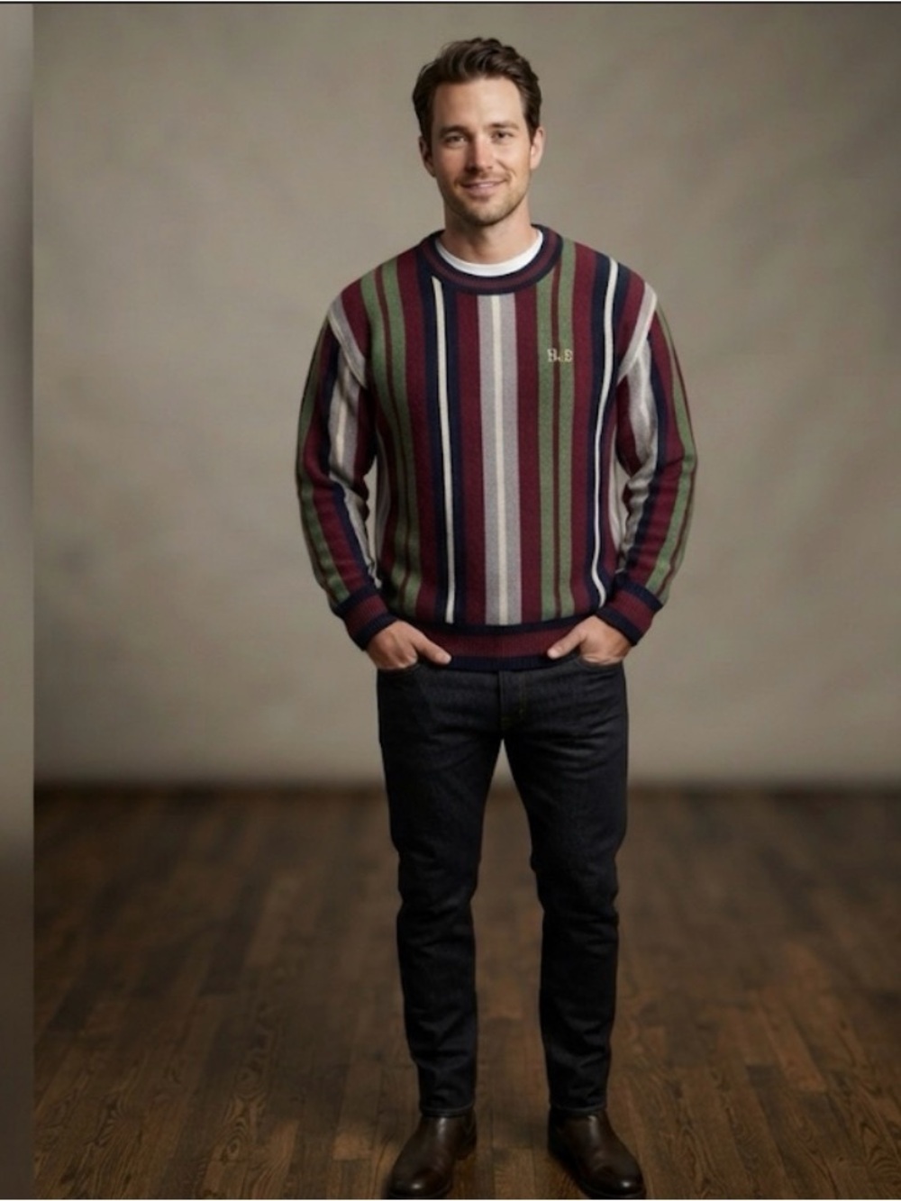 Men's V-Neck Striped Sweater in Burgundy, Green & Navy - Classic Knit